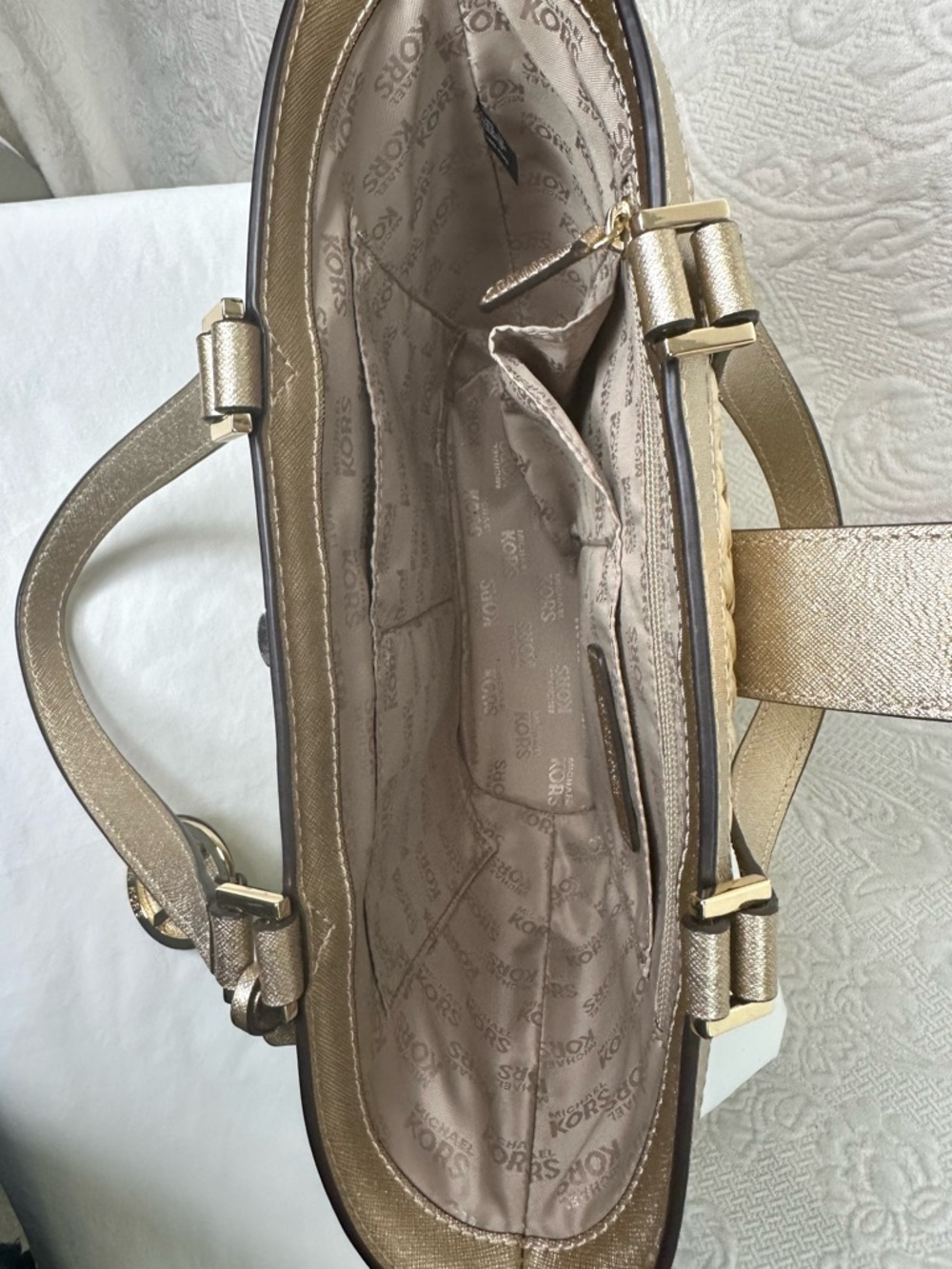 Michael Kors Cecelia Straw Tote with Green Leaf Appliqués and Gold Leather Trim - Picture 11 of 16